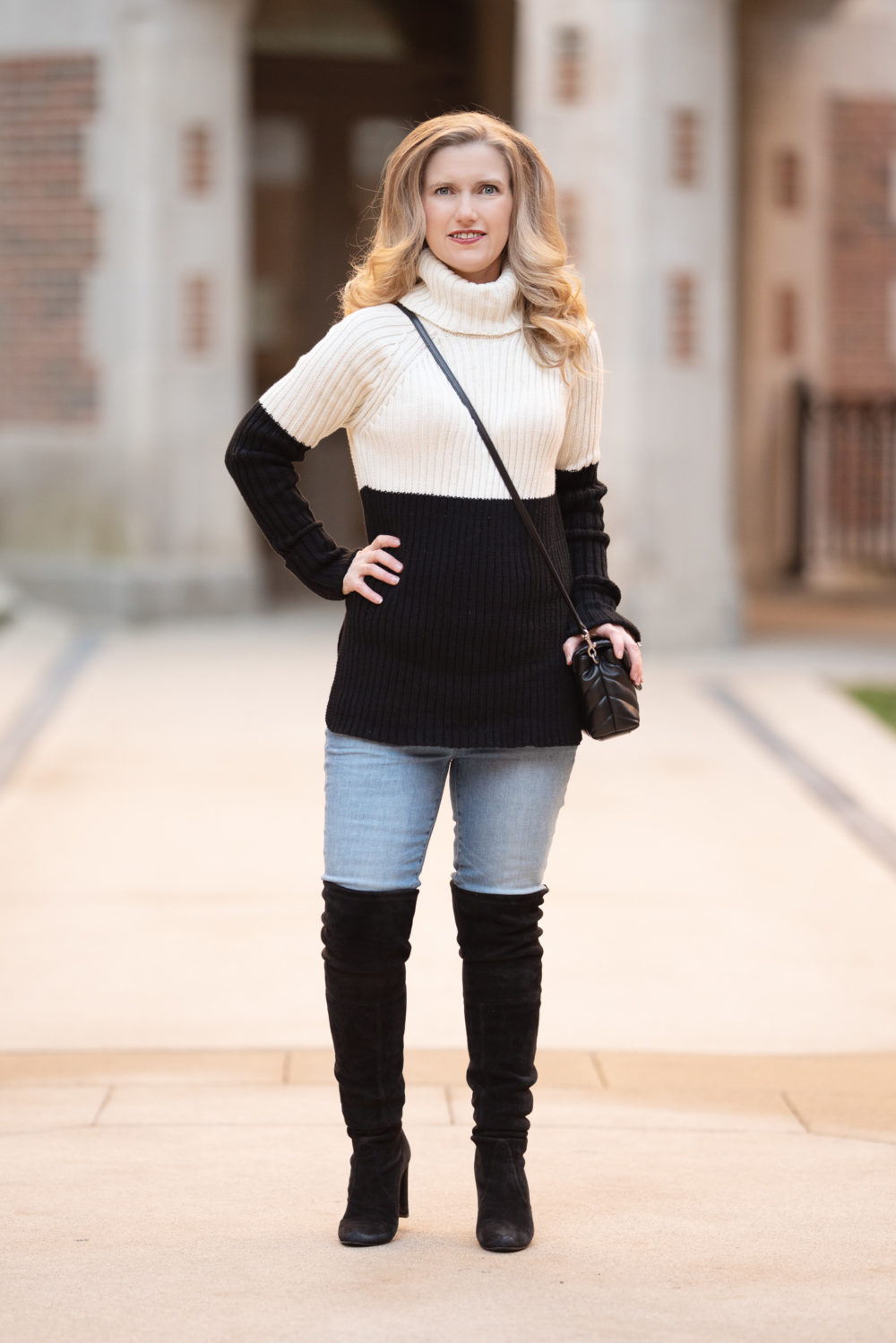  Tape-In Hair Extensions | Petite Fashion and Style Blog | Aqua Colorblock Turtleneck Sweater | Stewart Weitzman Highland | Avissa Salon Ann Arbor Review