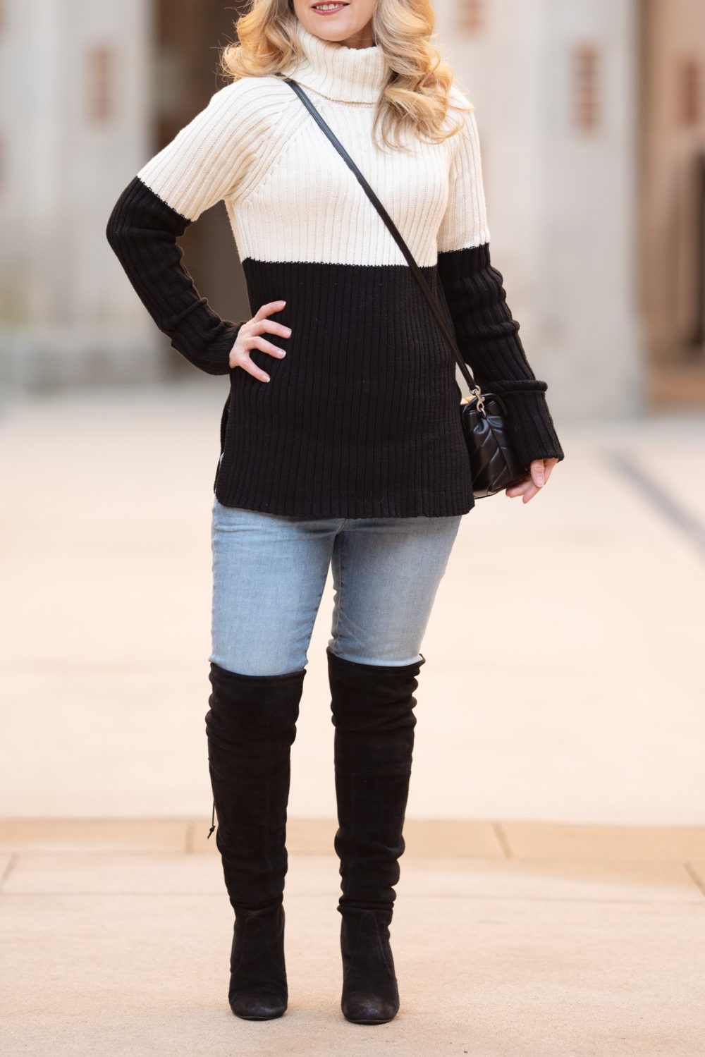 Petite Fashion and Style Blog | Aqua Colorblock Turtleneck Sweater | Stewart Weitzman Highland | Avissa Salon Ann Arbor