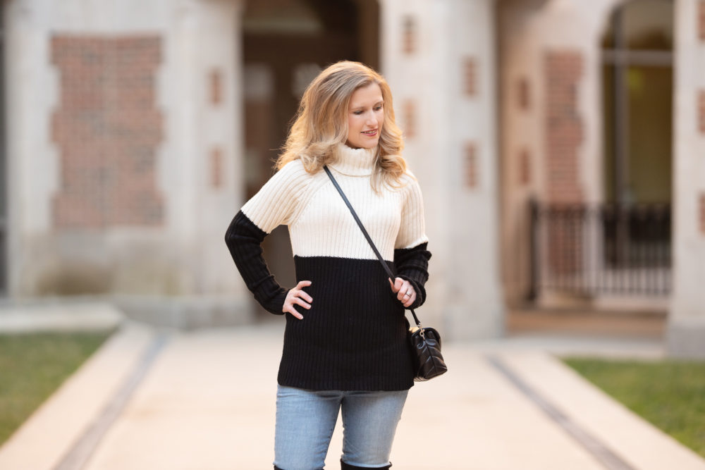 Petite Fashion | Aqua Colorblock Turtleneck Sweater | Stewart Weitzman Highland | Avissa Salon Ann Arbor Review | Tape-In Hair Extensions 