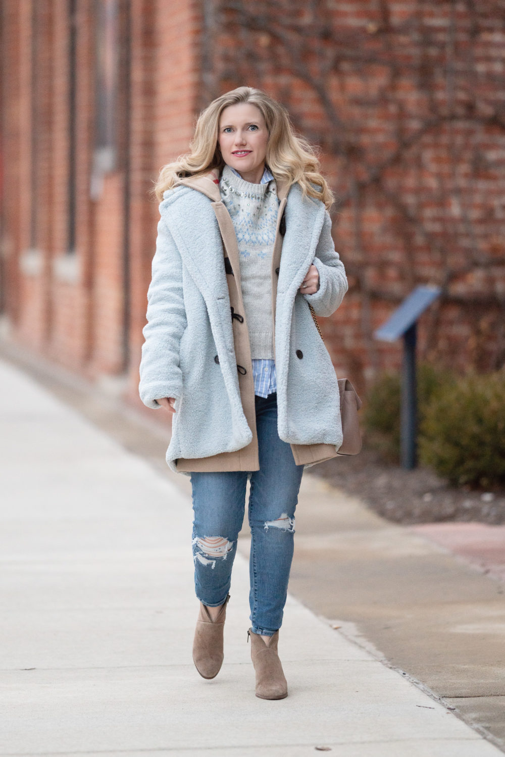 Petite Fashion and Style Blog | J. Crew Jewel Embellished Fair Isle Sweater | Kensie Double-Breasted Faux-Fur Teddy Coat | Burberry Merton Duffel Coat | Paige Verdugo Ankle Jeans