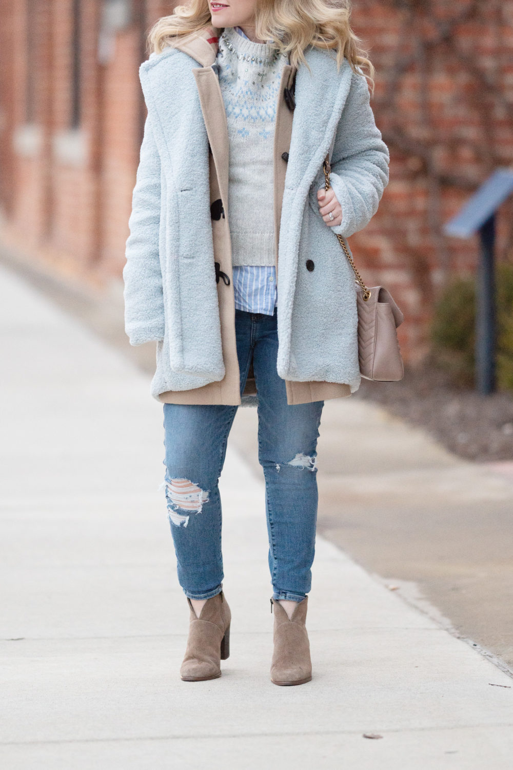 Petite Fashion and Style Blog | J. Crew Jewel Embellished Fair Isle Sweater | Kensie Double-Breasted Faux-Fur Teddy Coat | Burberry Merton Duffel Coat | Paige Verdugo Ankle Jeans