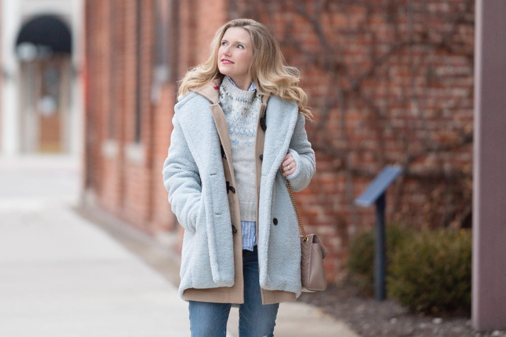 Petite Fashion and Style Blog | J. Crew Jewel Embellished Fair Isle Sweater | Kensie Double-Breasted Faux-Fur Teddy Coat | Burberry Merton Duffel Coat | Paige Verdugo Ankle Jeans