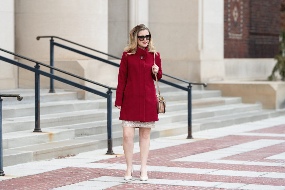 Petite Fashion and Style Blog | Nancy Pelosi Coat | Fleurette Red Coat | Eliza J Lace Dress | Max Mara Red Coat