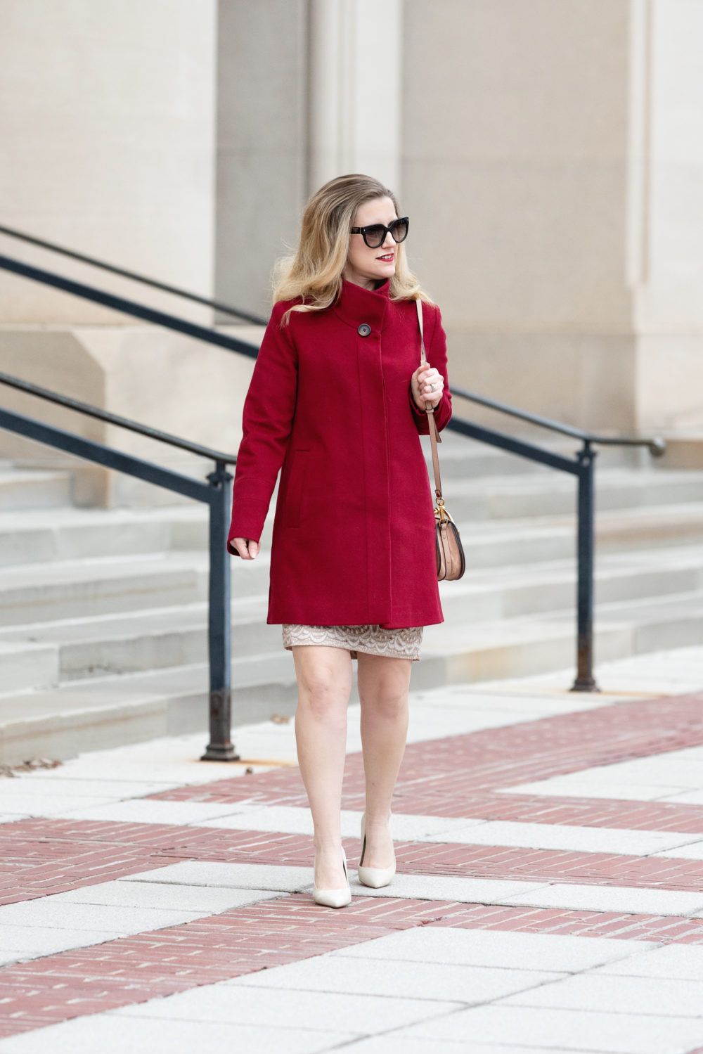 Petite Fashion and Style Blog | Nancy Pelosi Coat | Fleurette Red Coat | Eliza J Lace Dress | Max Mara Red Coat