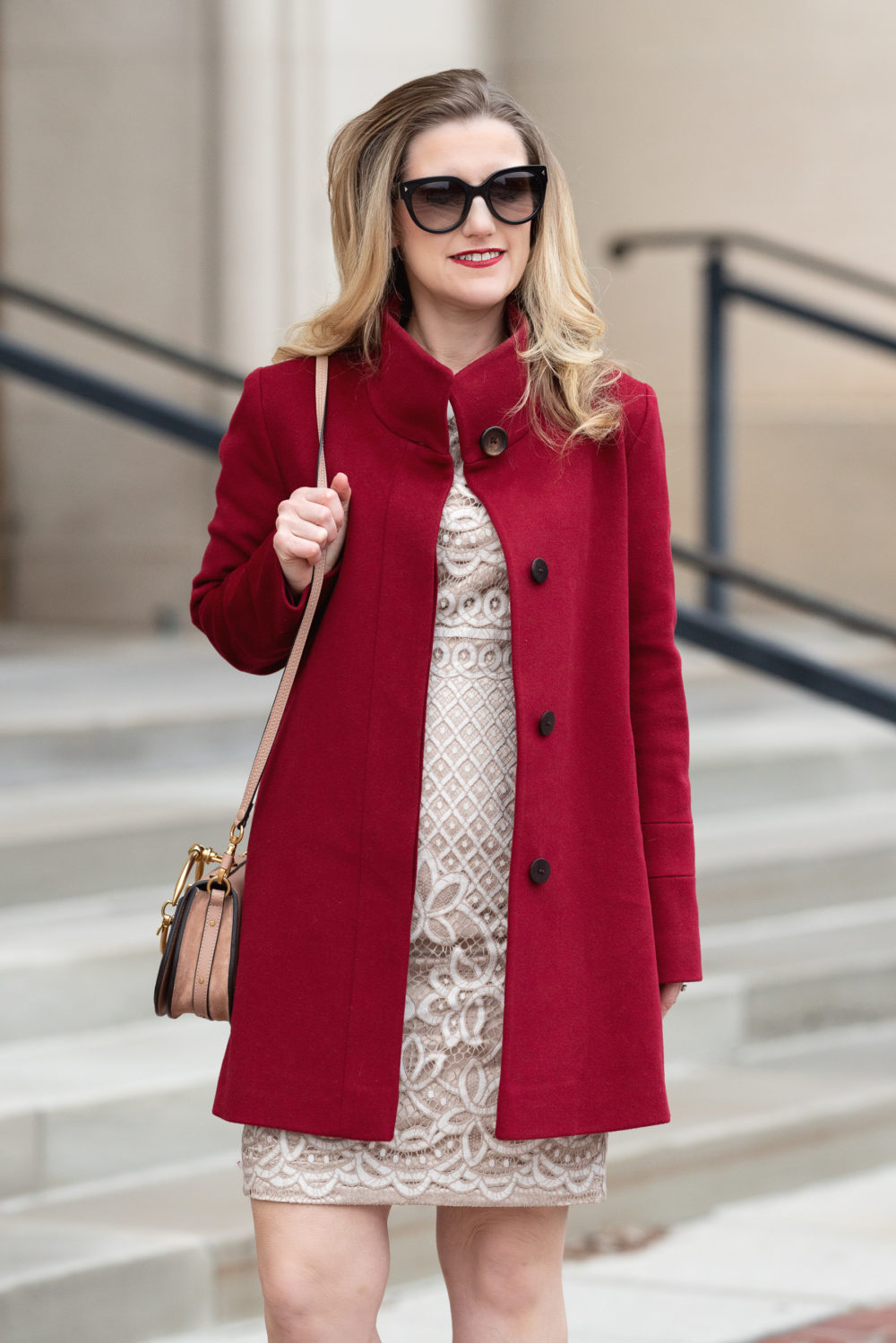 Petite Fashion and Style Blog | Nancy Pelosi Coat | Fleurette Red Coat | Eliza J Lace Dress | Max Mara Red Coat