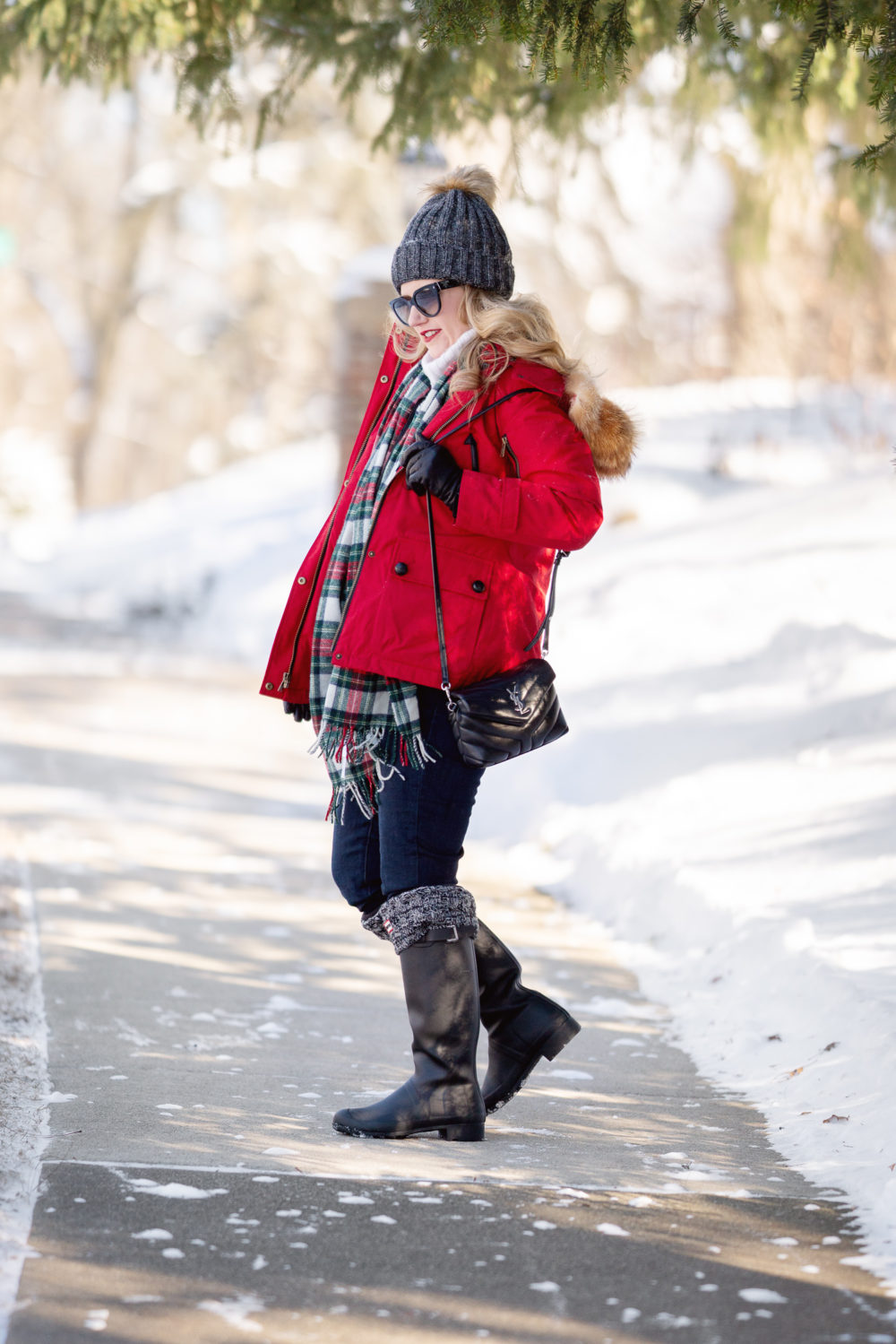 Petite Fashion and Style Blog | Pendleton Down Fur Trim Coat | Black Hunter Boots | Hunter Boot Socks