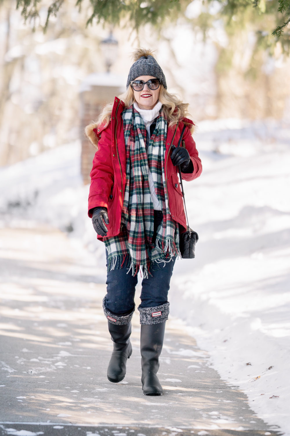 Petite Fashion and Style Blog | Pendleton Down Fur Trim Coat | Black Hunter Boots | Hunter Boot Socks