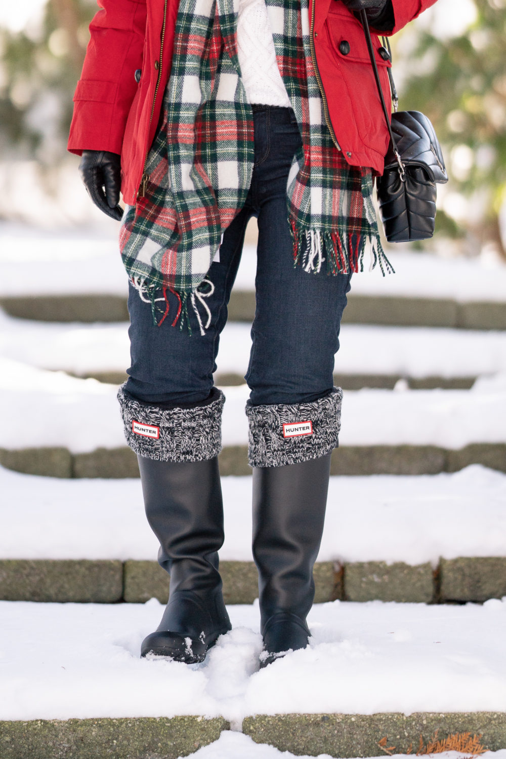 Petite Fashion and Style Blog | Pendleton Down Fur Trim Coat | Black Hunter Boots | Hunter Boot Socks