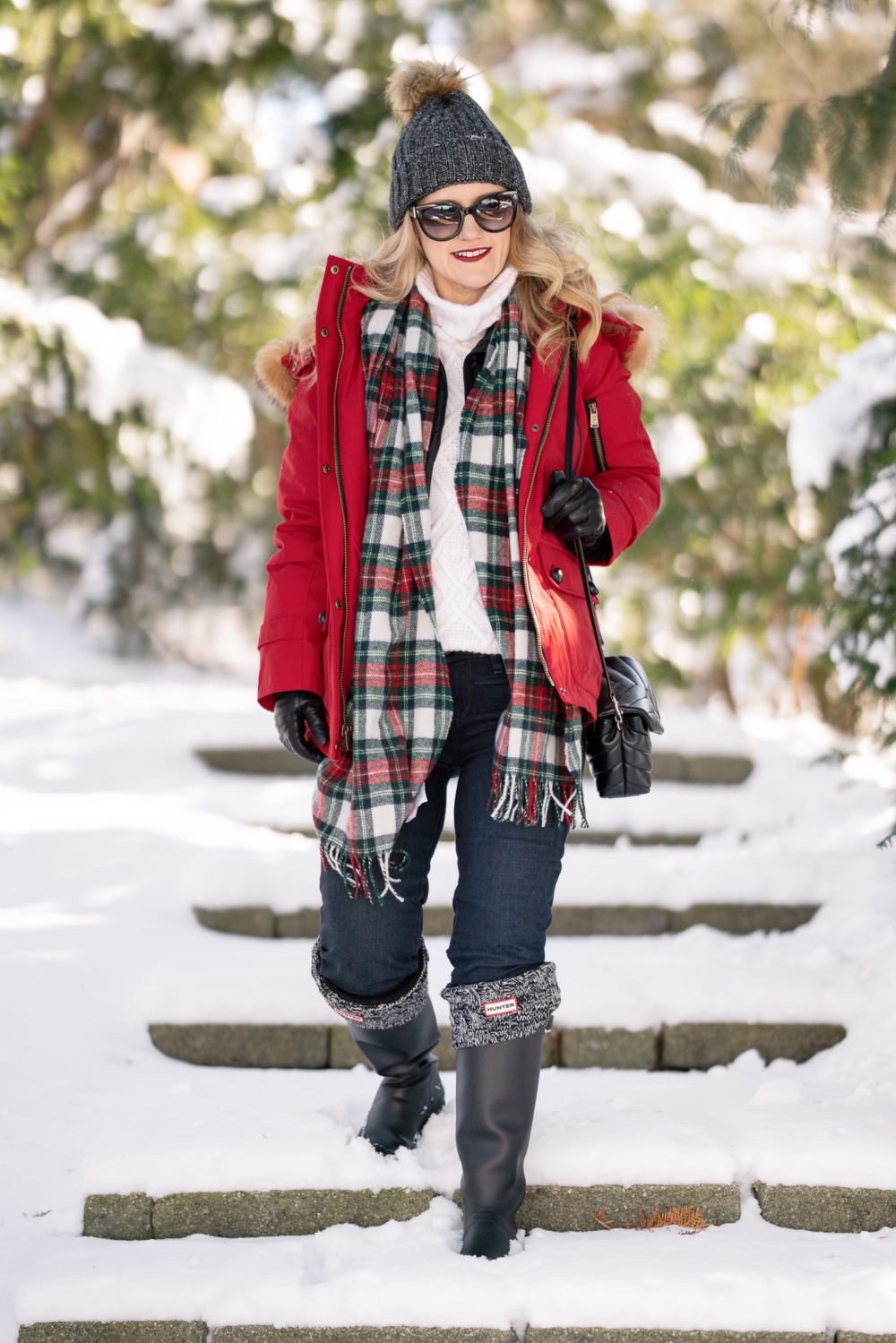 Petite Fashion and Style Blog | Pendleton Down Fur Trim Coat | Black Hunter Boots | Hunter Boot Socks