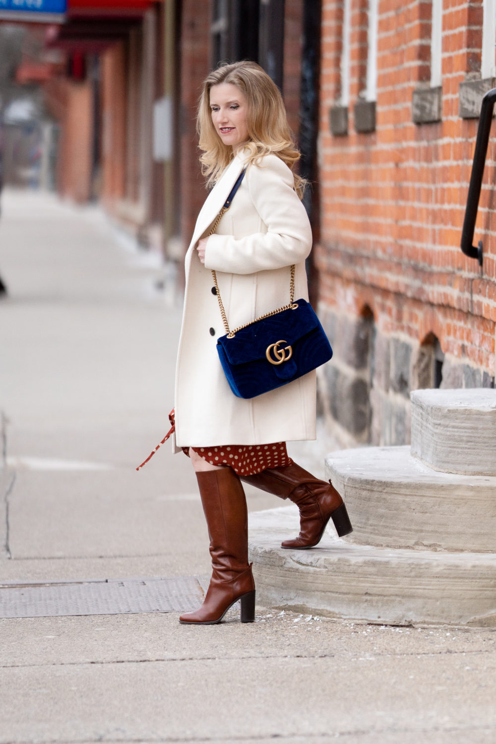 Petite Fashion Blog | Petite Style | Amazon Dresses | Polkadot Dress | Club Monaco Coat | Ivory Wool Coat | Gucci Marmont Bag | Petite Fashion | Dresses for Petite Women