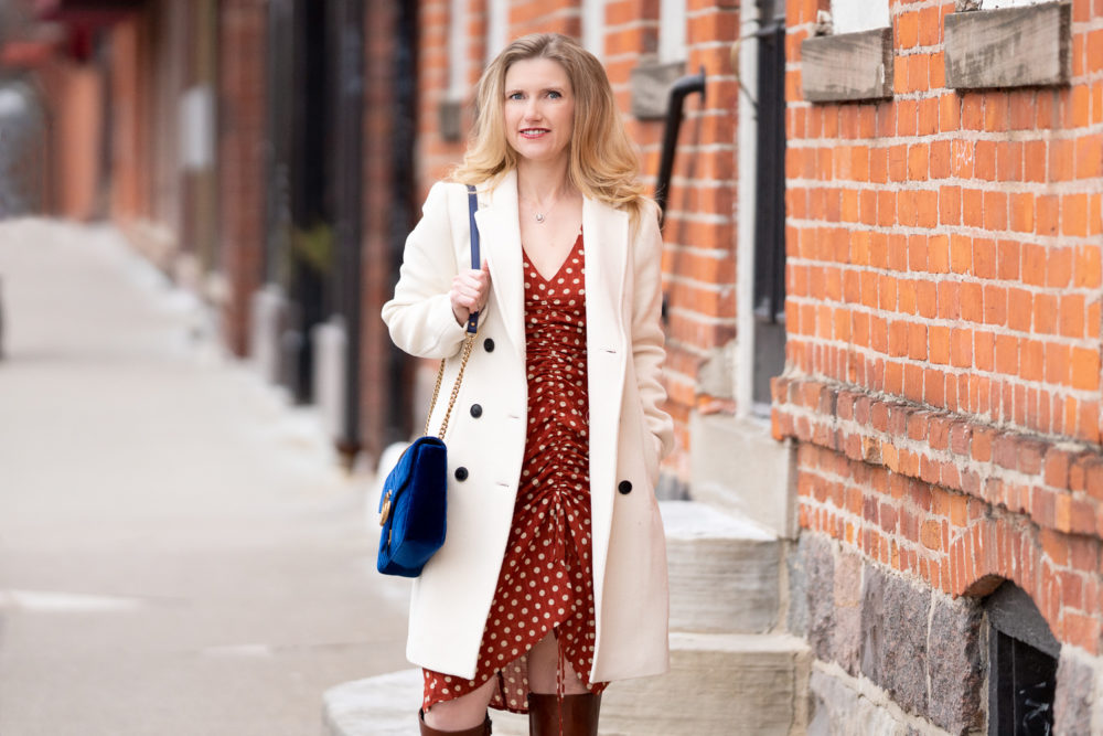 Petite Fashion Blog | Petite Style | Amazon Dresses | Polkadot Dress | Club Monaco Coat | Ivory Wool Coat | Gucci Marmont Bag | Petite Fashion | Dresses for Petite Women