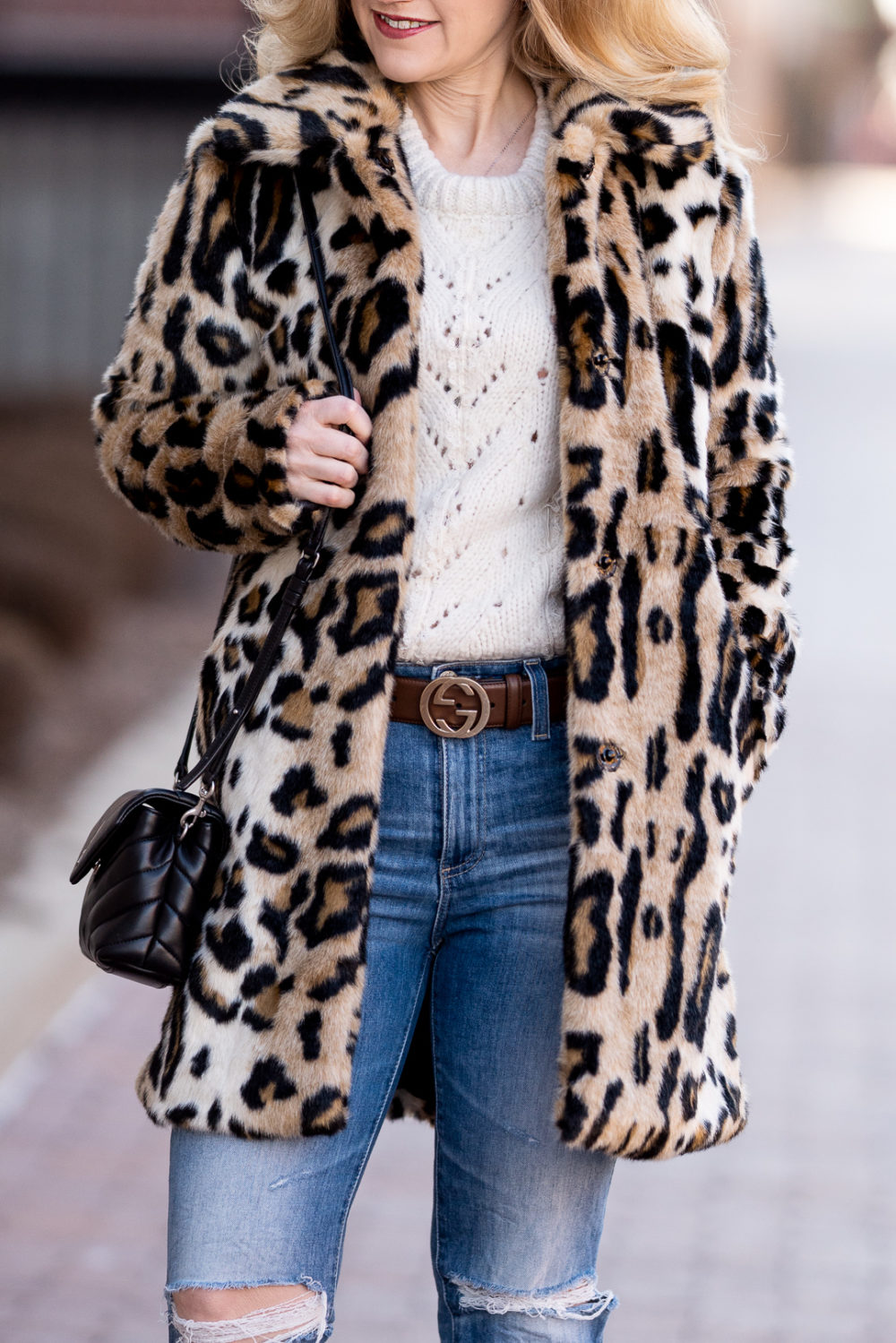 Petite Fashion Blog | Petite Style | Kensie Leopard Coat | Topshop Pointelle Sweater | Gucci Belt | AG Isabella Crop Jeans | YSL Lou Lou Toy Crossbody Bag