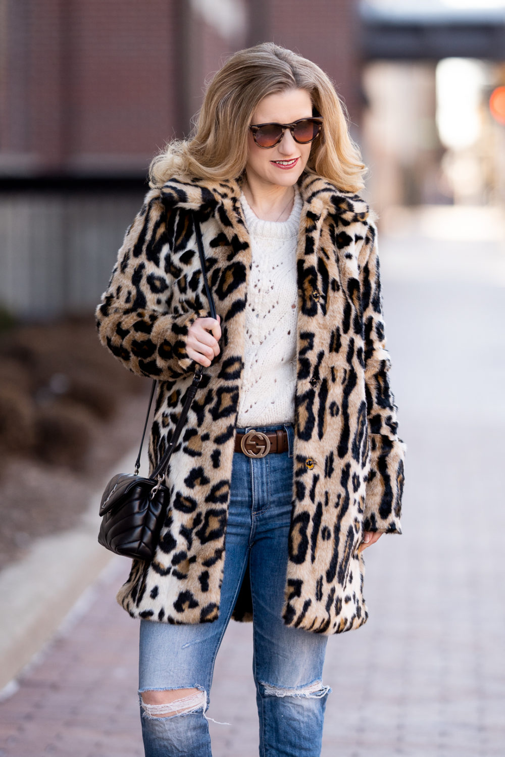Petite Fashion Blog | Petite Style | Kensie Leopard Coat | Topshop Pointelle Sweater | Gucci Belt | AG Isabella Crop Jeans | YSL Lou Lou Toy Crossbody Bag