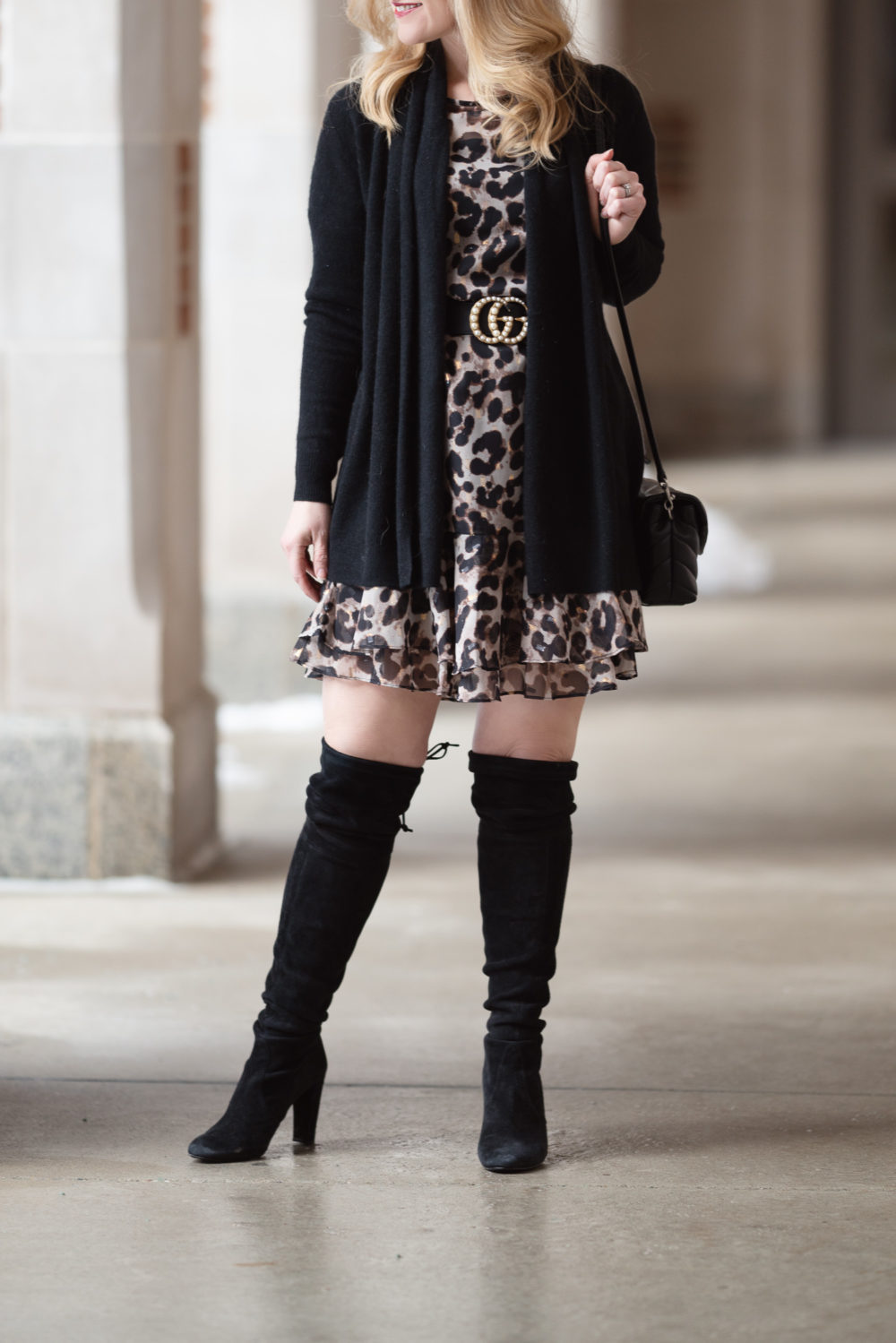 Petite Fashion and Style Blog |Eliza J Flounce Sleeve Leopard Dress | C by Bloomingdales cardigan | Stuart Weitzman Highland boots | Leopard Dress