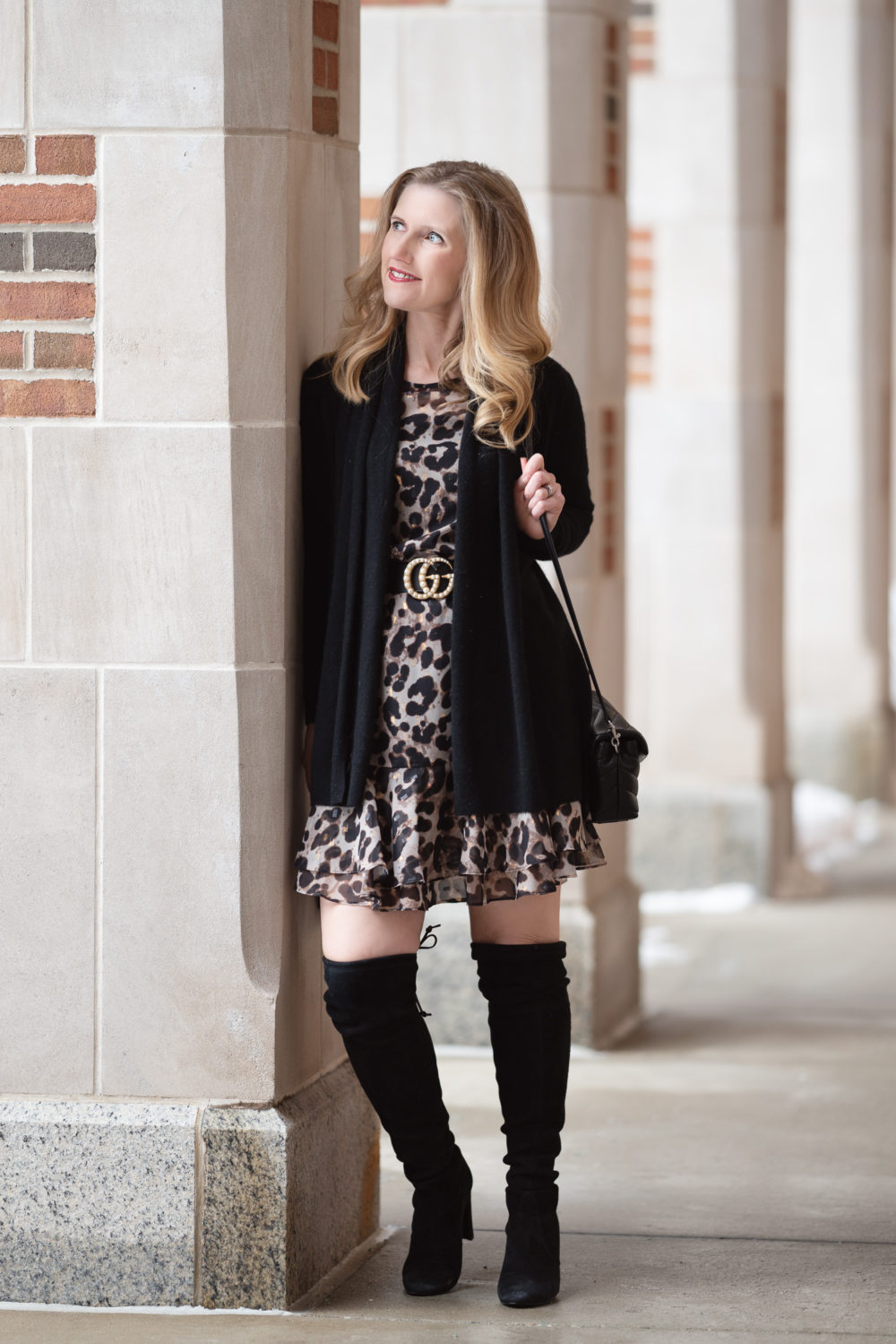 Petite Fashion and Style Blog |Eliza J Flounce Sleeve Leopard Dress | C by Bloomingdales cardigan | Stuart Weitzman Highland boots | Leopard Dress