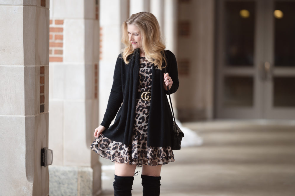 Petite Fashion and Style Blog |Eliza J Flounce Sleeve Leopard Dress | C by Bloomingdales cardigan | Stuart Weitzman Highland boots | Leopard Dress