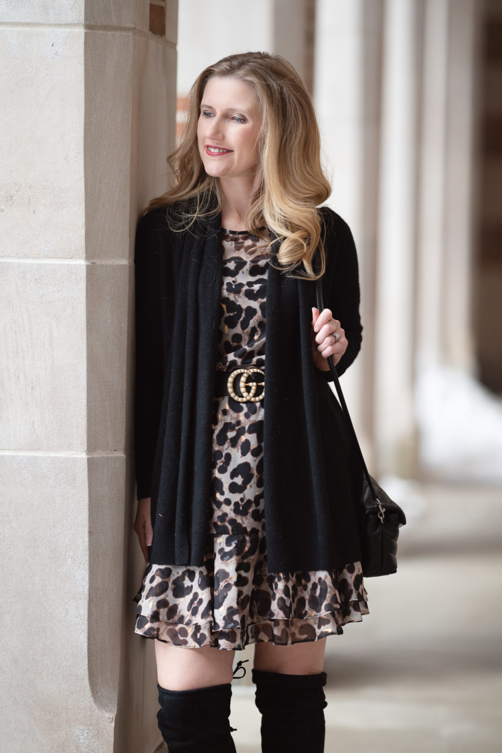 Petite Fashion and Style Blog |Eliza J Flounce Sleeve Leopard Dress | C by Bloomingdales cardigan | Stuart Weitzman Highland boots | Leopard Dress
