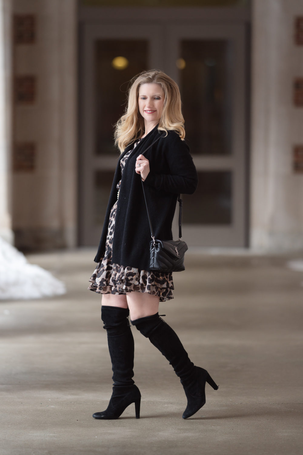 Petite Fashion and Style Blog |Eliza J Flounce Sleeve Leopard Dress | C by Bloomingdales cardigan | Stuart Weitzman Highland boots | Leopard Dress