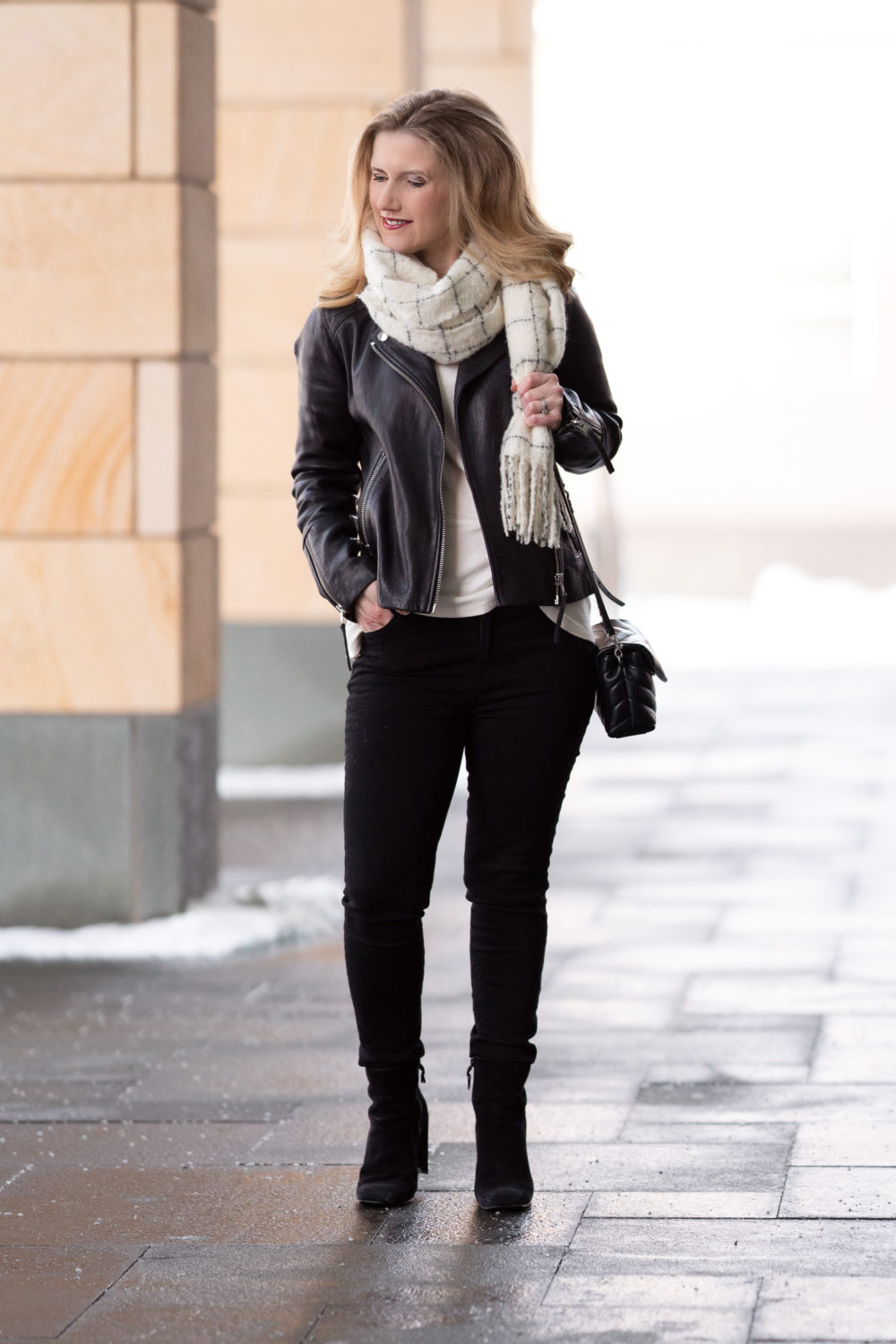 Petite Fashion and Style Blog | Topshop Moto Jacket | Loft Plaid Boucle Blanket Scarf | J. Brand Denim