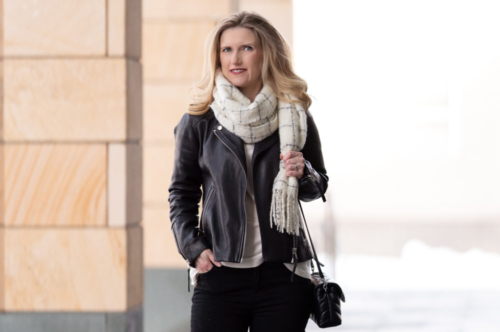 Petite Fashion and Style Blog | Topshop Moto Jacket | Loft Plaid Boucle Blanket Scarf | J. Brand Denim