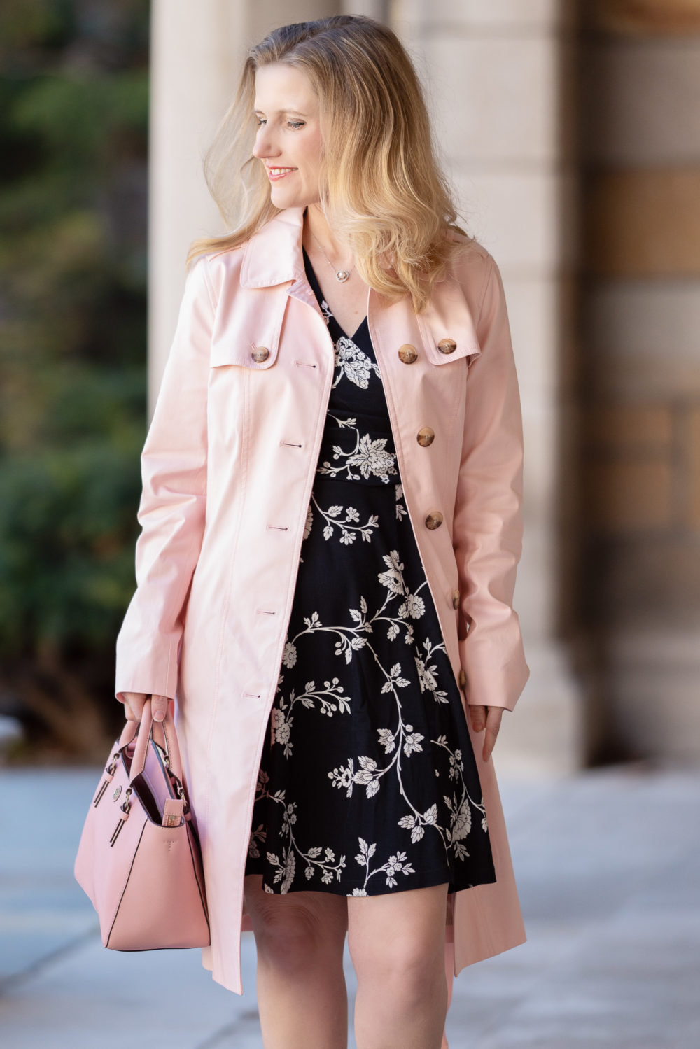 Petite Fashion Blog | Amazon Lark & Ro Faux Wrap Fit and Flare Dress | Talbot's Pink Trench | Tory Burch Robinson Pink | Amazon Spring Dresses
