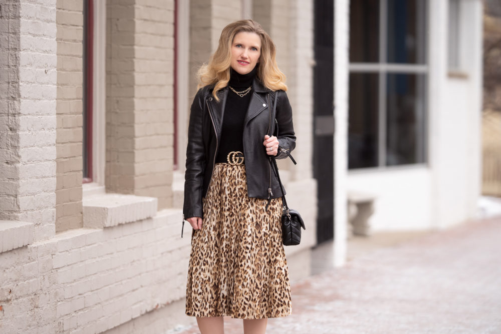 Petite Fashion Blog | J. Crew Pleated Leopard Midi Skirt | Topshop Leather Moto Jacket