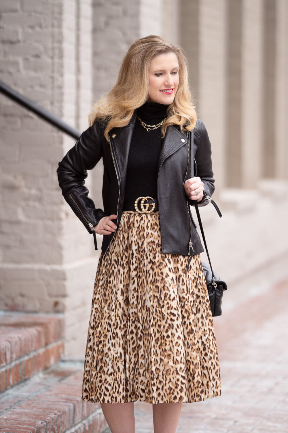 Petite Fashion Blog | J. Crew Pleated Leopard Midi Skirt | Topshop Leather Moto Jacket