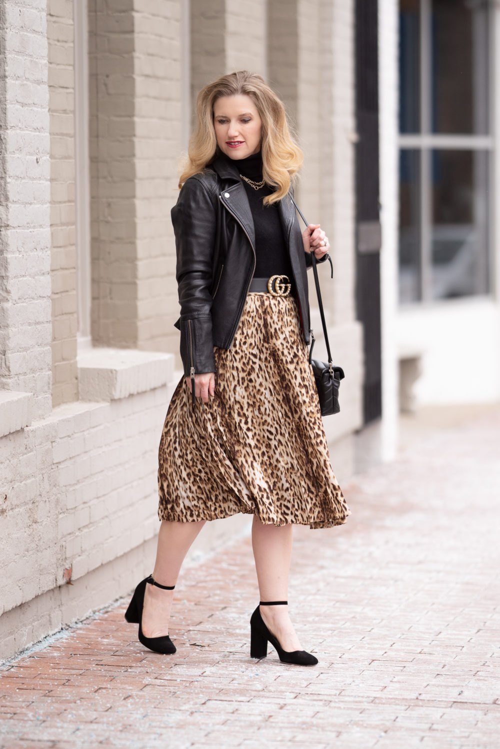 Petite Fashion Blog | J. Crew Pleated Leopard Midi Skirt | Topshop Leather Moto Jacket