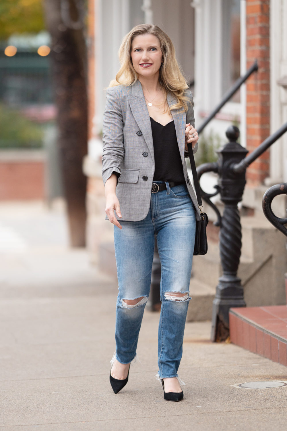 Petite Fashion Blog | Petite Style | 1.State Glen Plaid Blazer | J. Crew Factory Scalloped Cami | AG Isabelle Straight Leg Jeans | Demeiller Mini Berling Bag