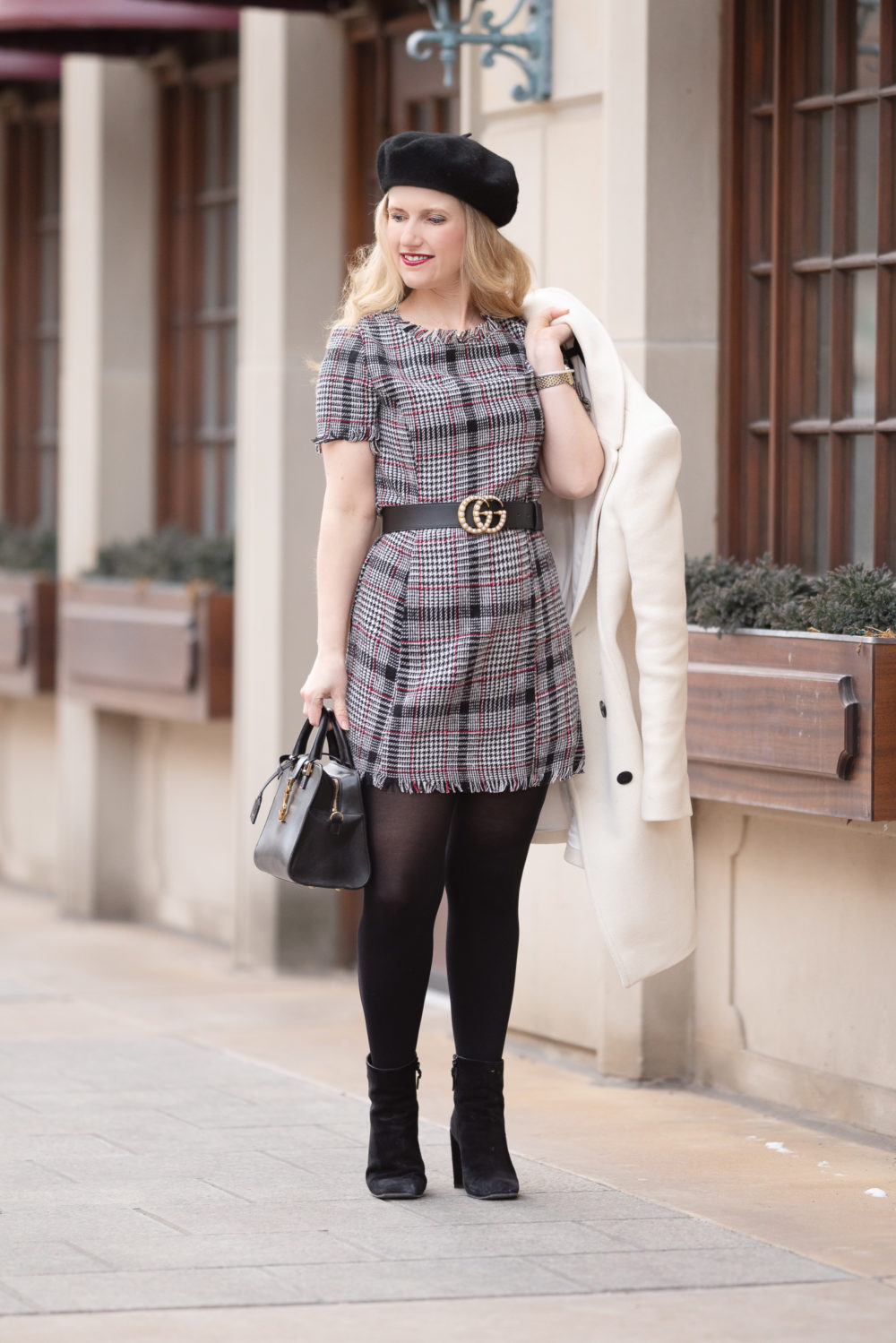 Petite Fashion Blog | Petite Style | Aqua Plaid Tweed Dress | Plaid Dress
