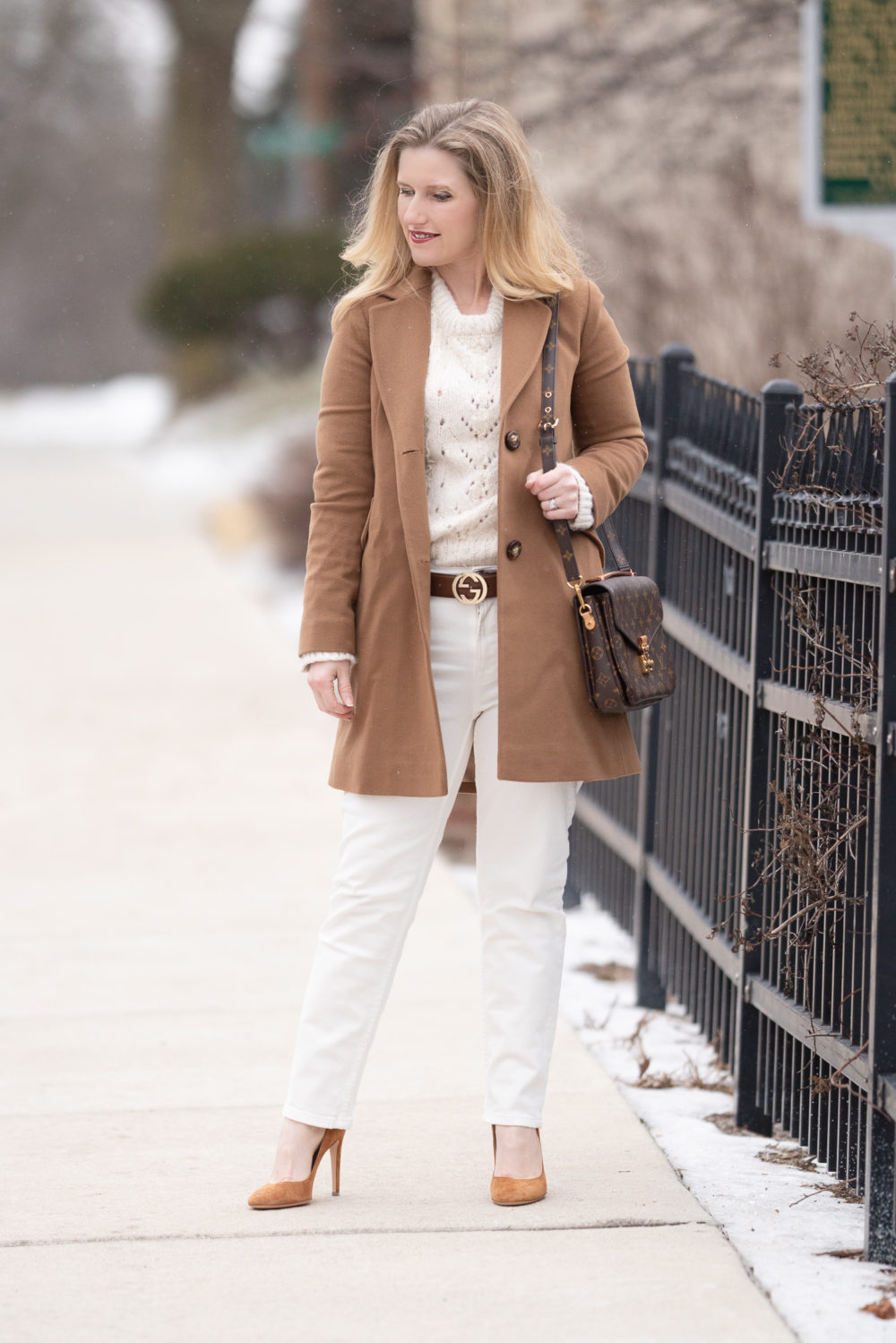 Petite Fashion Blog | Petite Style | Fleurette Notch Collar Wool Coat | Gucci Belt | Everlane High Rise Straight Leg Jeans | Topshop Pointelle Lace Sweater | Louis Vuitton Pochette Metis-
