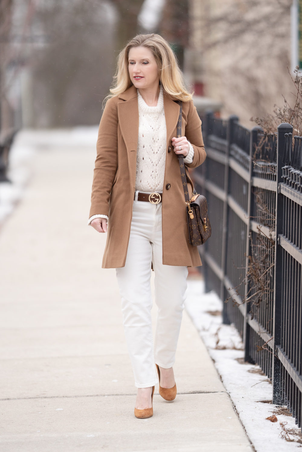 Petite Fashion Blog | Petite Style | Fleurette Notch Collar Wool Coat | Gucci Belt | Everlane High Rise Straight Leg Jeans | Topshop Pointelle Lace Sweater | Louis Vuitton Pochette Metis-