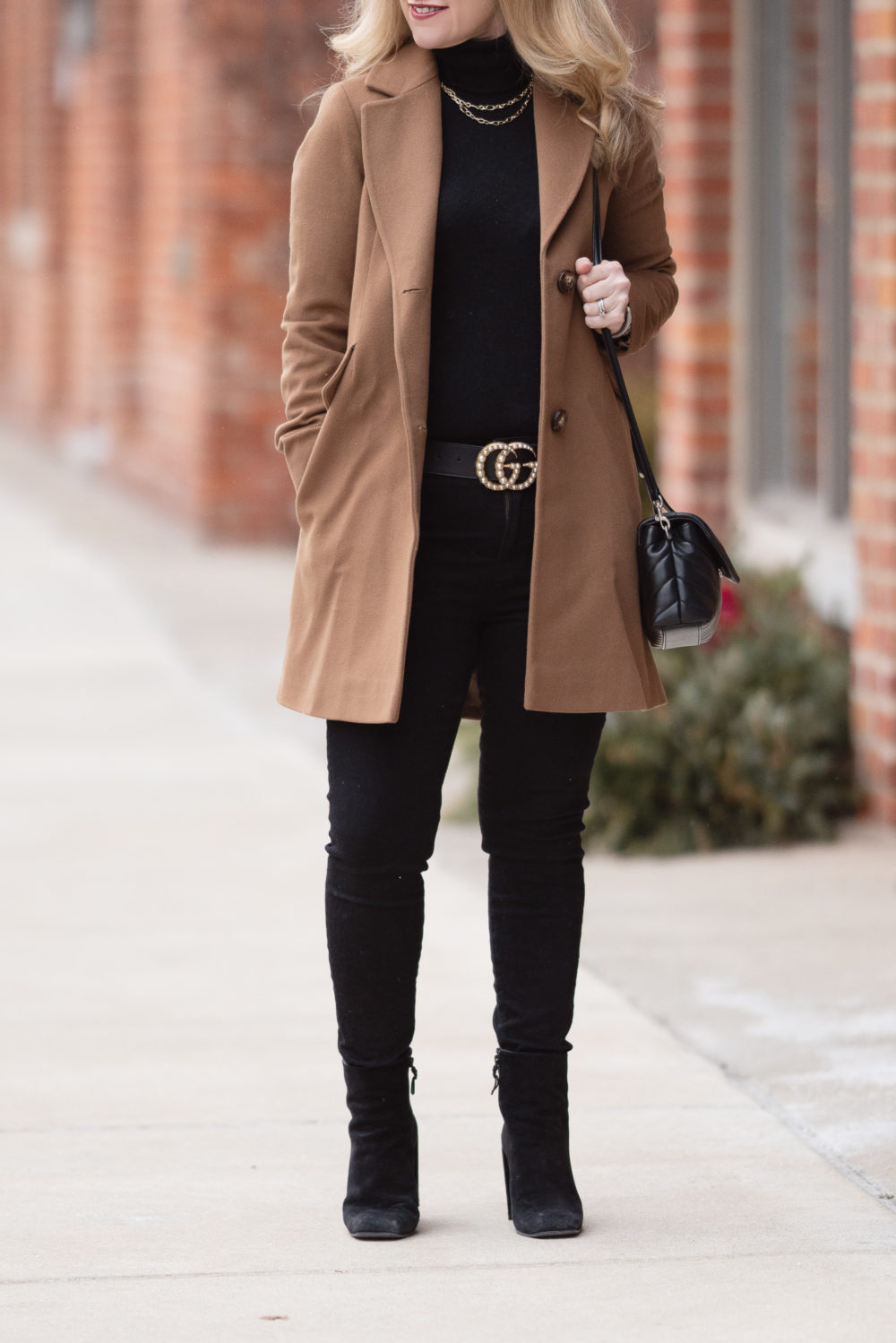 Petite Fashion Blog | Petite Style | Fleurette Notch Collar Wool Coat | Gucci Pearl Belt | Lark and Ro Cashmere Turtleneck