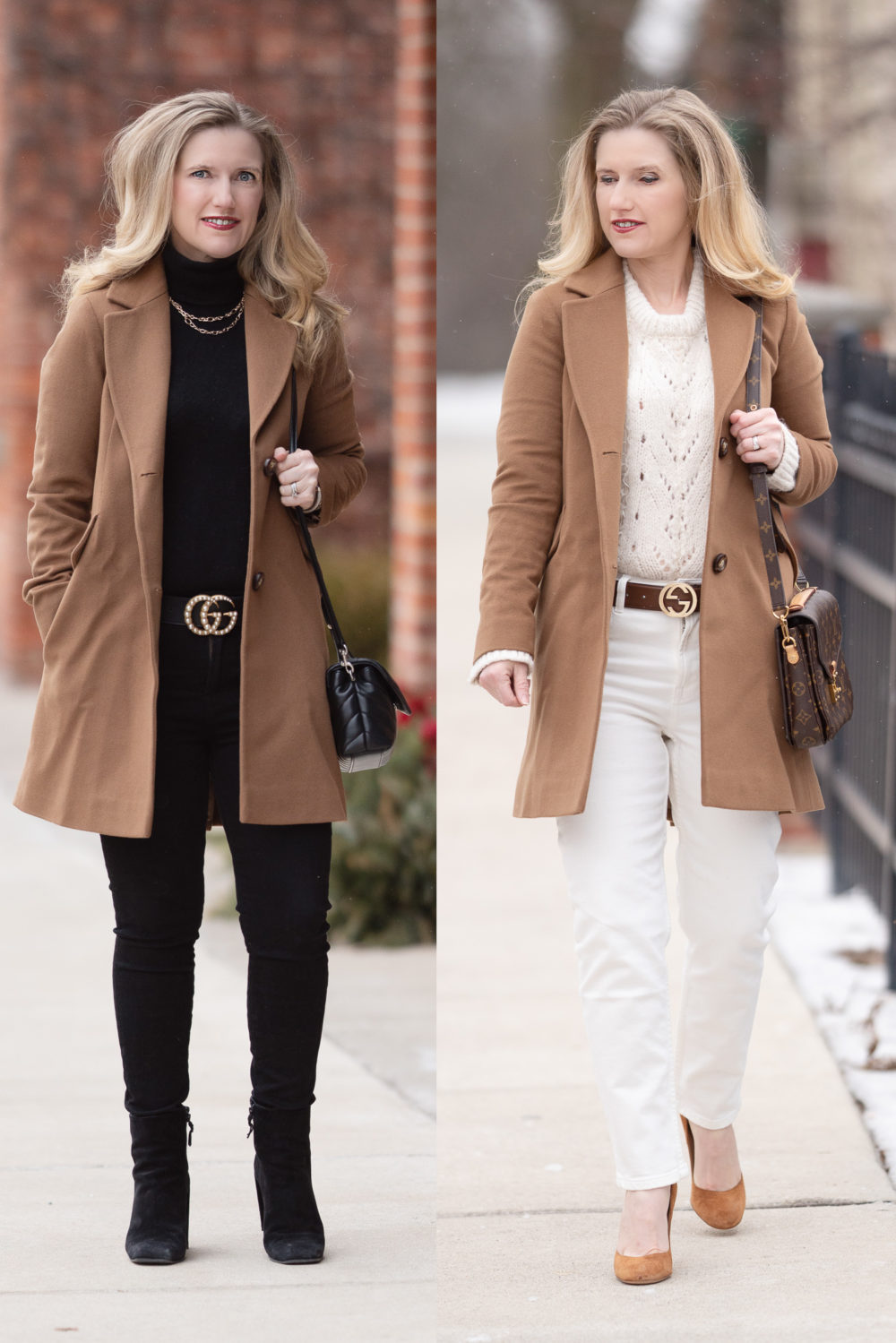 Petite Fashion Blog | Petite Style | Fleurette Notch Collar Wool Coat | Gucci Pearl Belt | Lark and Ro Cashmere Turtleneck | Everlane High Rise Straight Leg Jeans | Topshop Pointelle Lace Sweater | Camel Coat