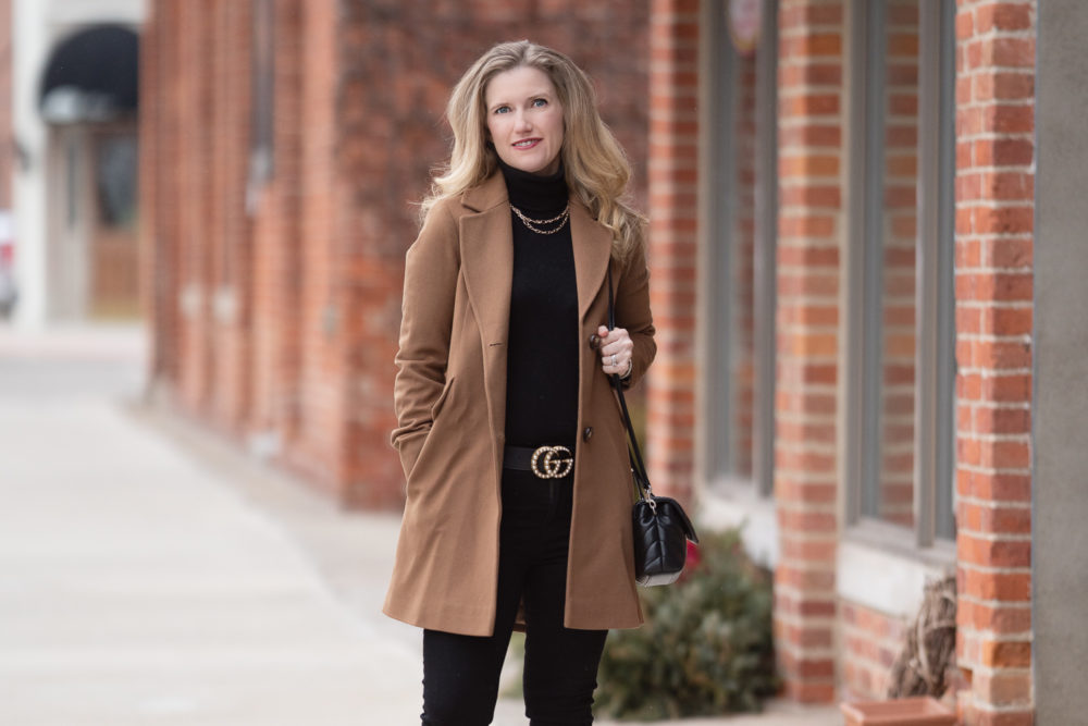 Petite Fashion Blog | Petite Style | Fleurette Notch Collar Wool Coat | Gucci Pearl Belt | Lark and Ro Cashmere Turtleneck