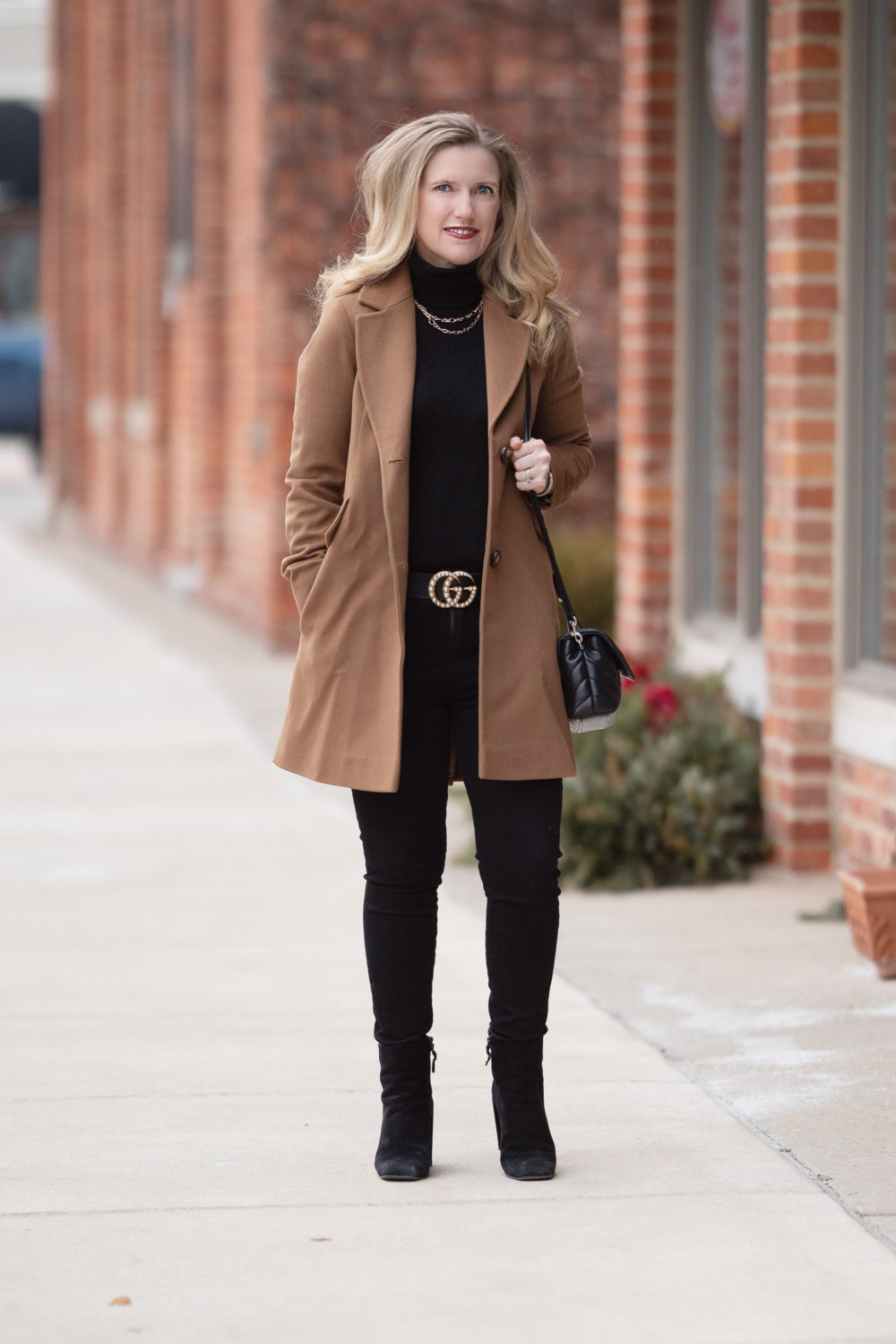 Petite Fashion Blog | Petite Style | Fleurette Notch Collar Wool Coat | Gucci Pearl Belt | Lark and Ro Cashmere Turtleneck