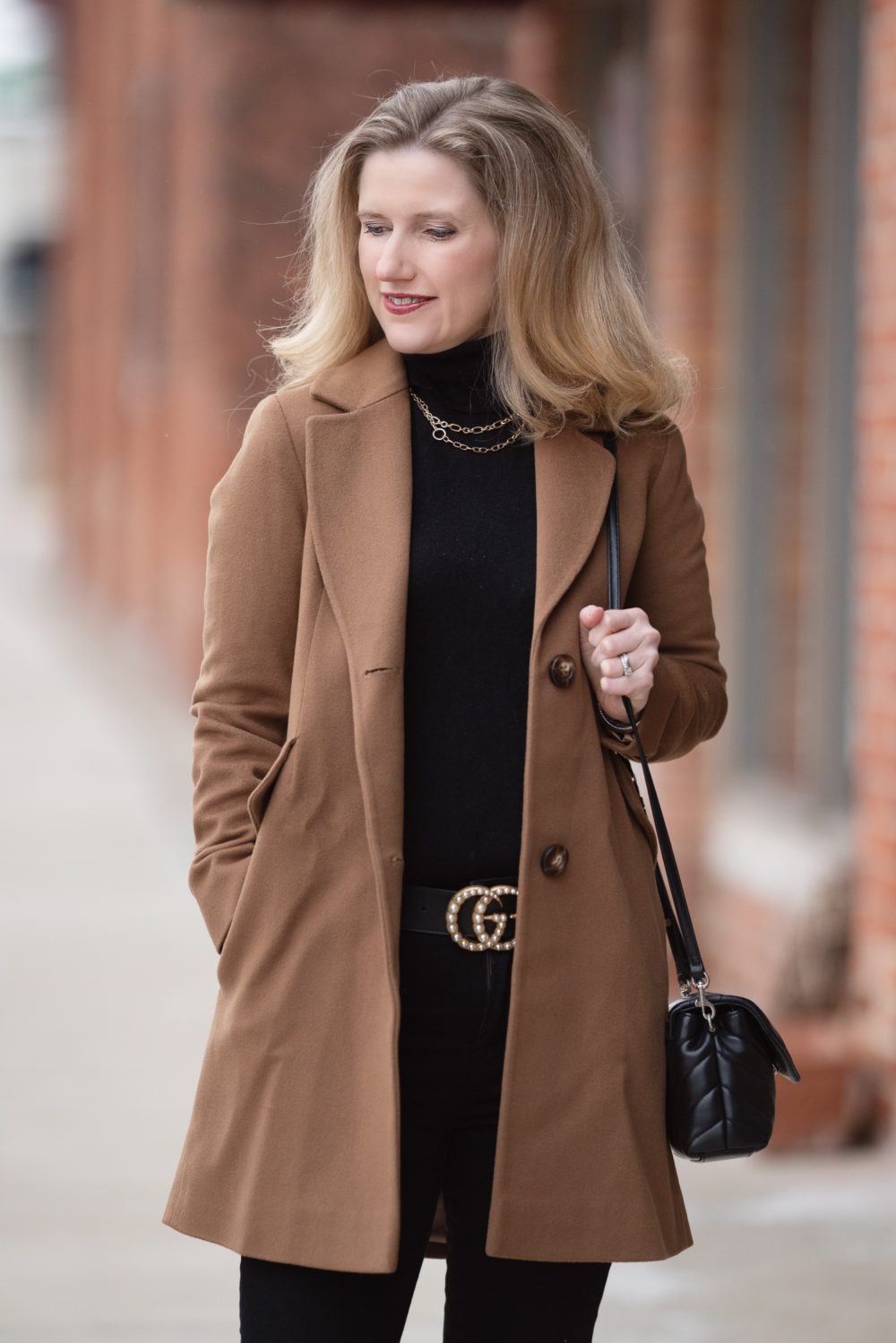 Petite Fashion Blog | Petite Style | Fleurette Notch Collar Wool Coat | Gucci Pearl Belt | Lark and Ro Cashmere Turtleneck