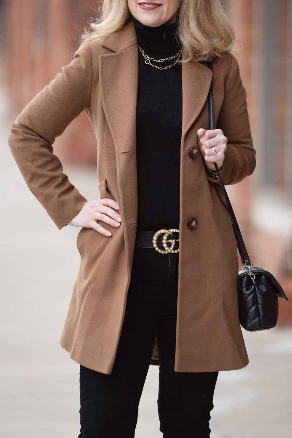 Petite Fashion Blog | Petite Style | Fleurette Notch Collar Wool Coat | Gucci Pearl Belt | Lark and Ro Cashmere Turtleneck