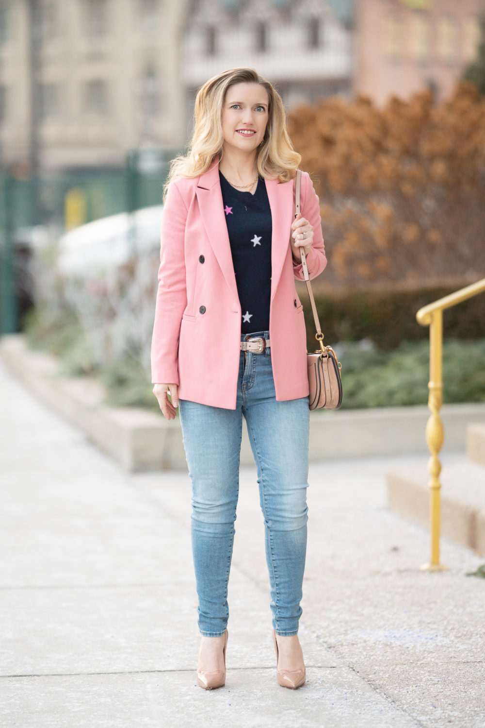 Petite Fashion Blog | Petite Style | Halogen Pink Blazer | J. Crew Cashmere Crewneck Sweater in Stars | 9 high-rise toothpick eco jean in light blue wash | Christian Louboutin So Kate Pumps
