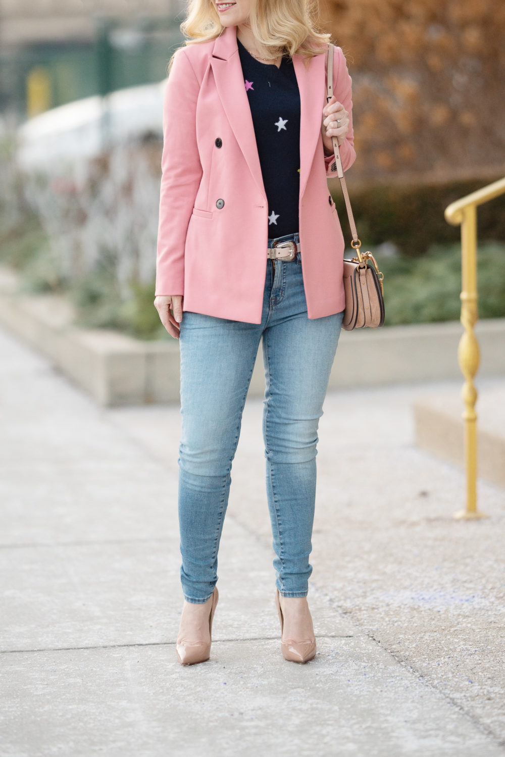 Petite Fashion Blog | Petite Style | Halogen Pink Blazer | J. Crew Cashmere Crewneck Sweater in Stars | 9 high-rise toothpick eco jean in light blue wash | Christian Louboutin So Kate Pumps