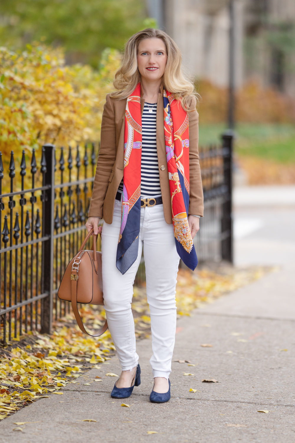 Petite Fashion Blog | Petite Style | J. Crew Regent Blazer | J. Crew Slim perfect long-sleeve T-shirt | Tuckernuck Colette Scarf | Everlane Day Heel | Gienchy Antogona Bag | Ferragamo Reversible Belt