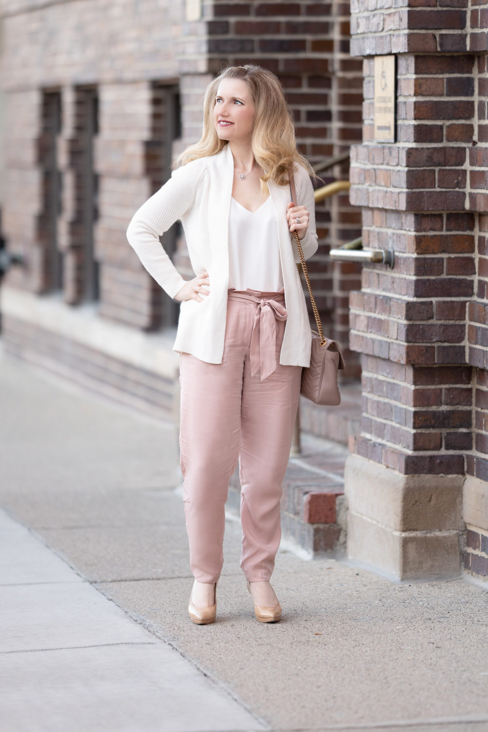 Petite Fashion Blog | Socialite Paper Bag Trousers | Loft Ribbed Cardigan | Gucci Marmont Shoulder Bag