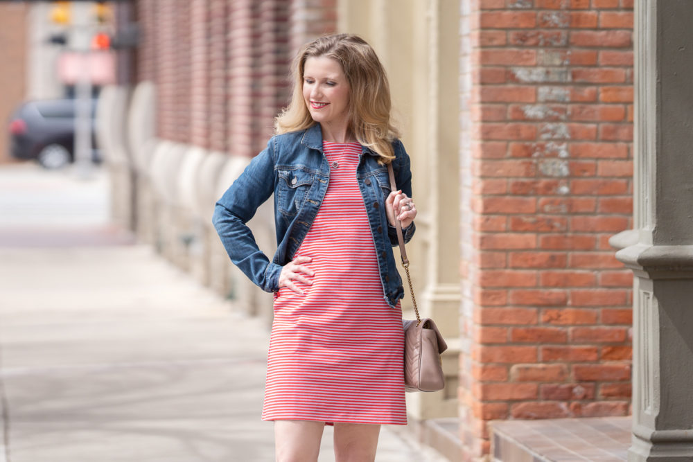 Petite Fashion Blog | Ann Taylor Stripe Knit Short Sleeve Dress | Kut from the Cloth Denim Jacket | Ann Taylor Sale | Ann Taylor Spring Arrivals