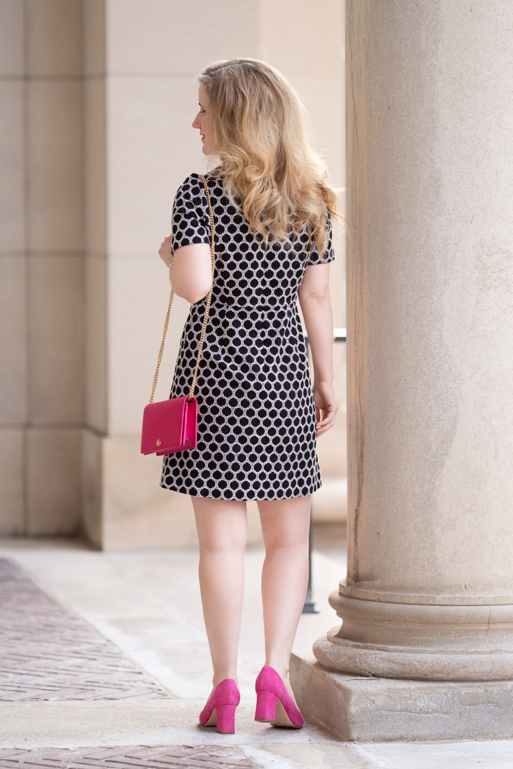 Petite Fashion Blog | Ann Taylor Textured Polka Dot Shift Dress | Gucci Marmont Mini Chain Bag | Marc Fisher Zala Pump