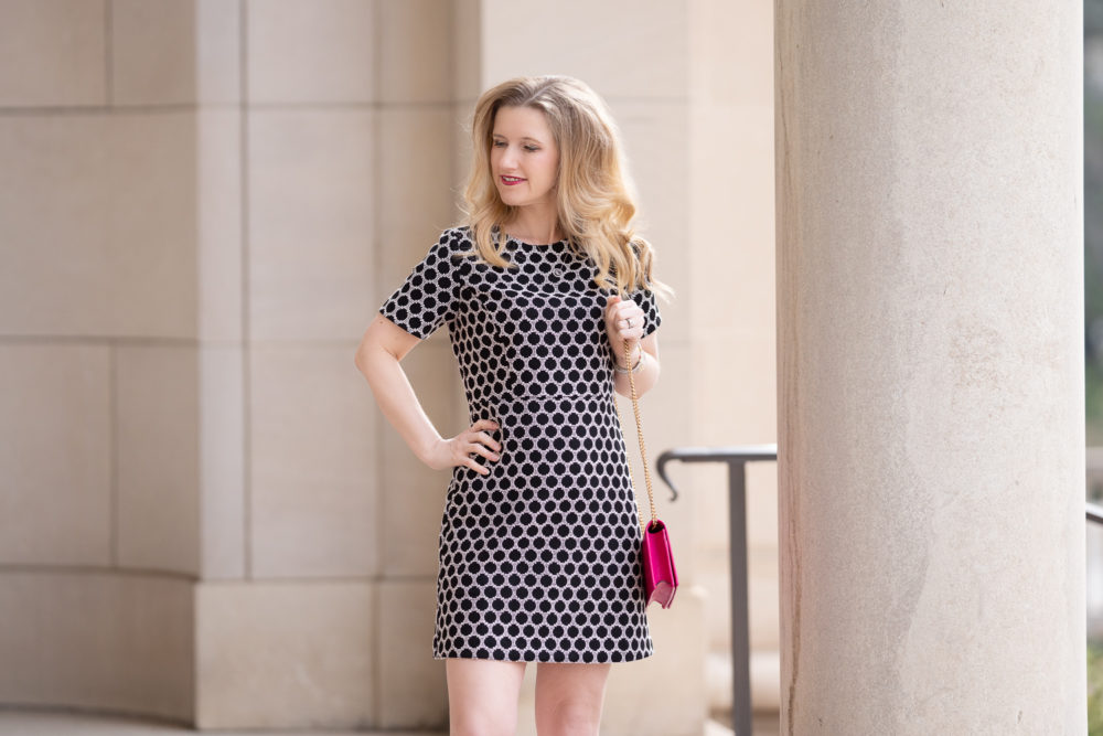 Petite Fashion Blog | Ann Taylor Textured Polka Dot Shift Dress | Gucci Marmont Mini Chain Bag | Marc Fisher Zala Pump