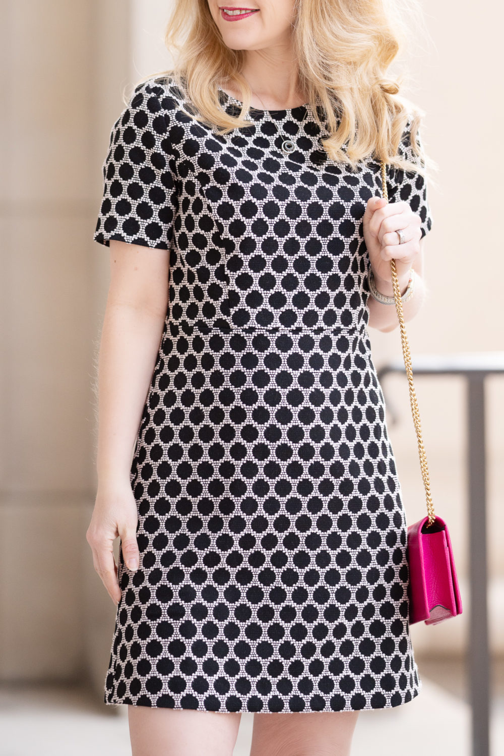Petite Fashion Blog | Ann Taylor Textured Polka Dot Shift Dress | Gucci Marmont Mini Chain Bag | Marc Fisher Zala Pump