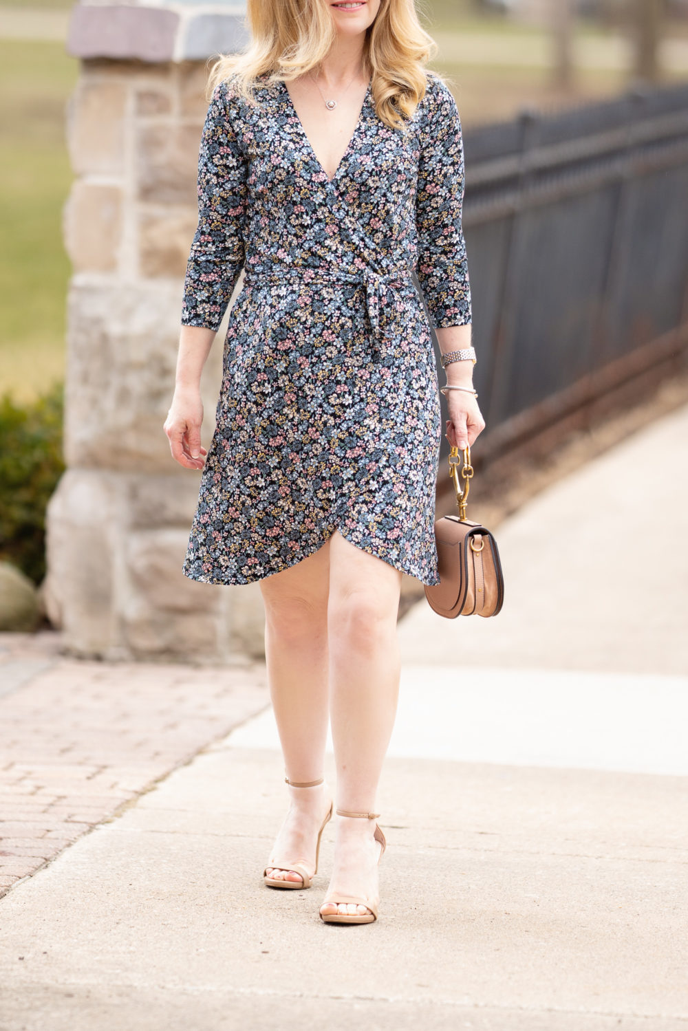 Petite Fashion Blog | Loft Floral Wrap Dress | Chloe Nile Satchel | Steve Madden Stecey Sandals