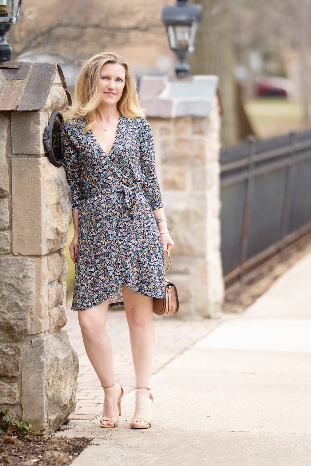 Petite Fashion Blog | Loft Floral Wrap Dress | Chloe Nile Satchel | Steve Madden Stecey Sandals