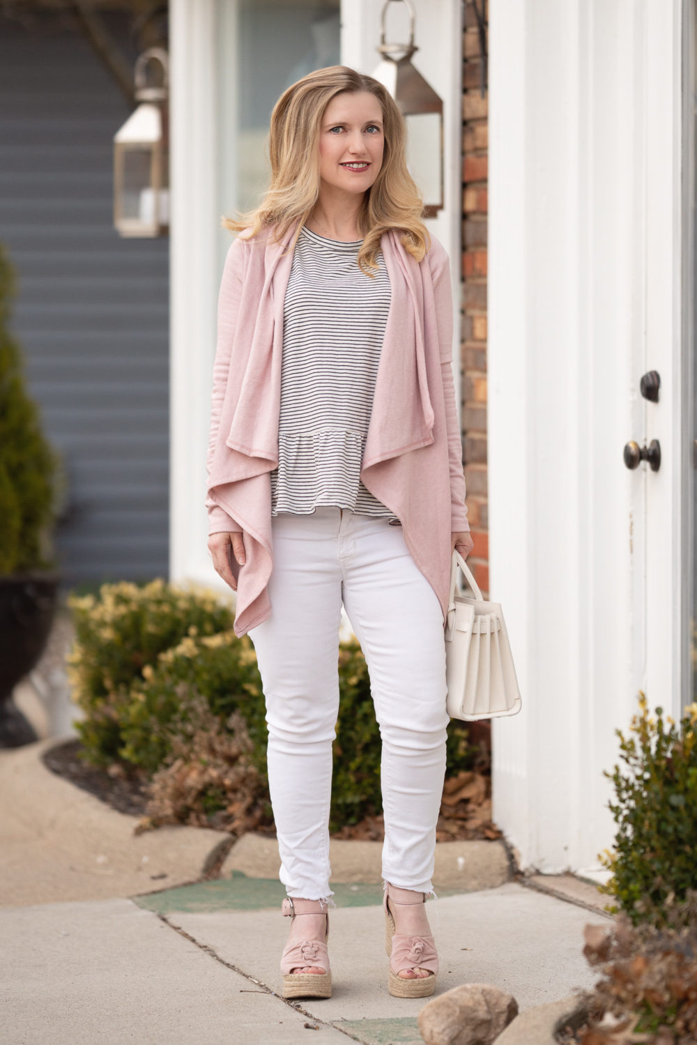 Petite Fashion Blog |Bobeau Cardigan | Hudson White Jeans | Caslon Peplum Tee
