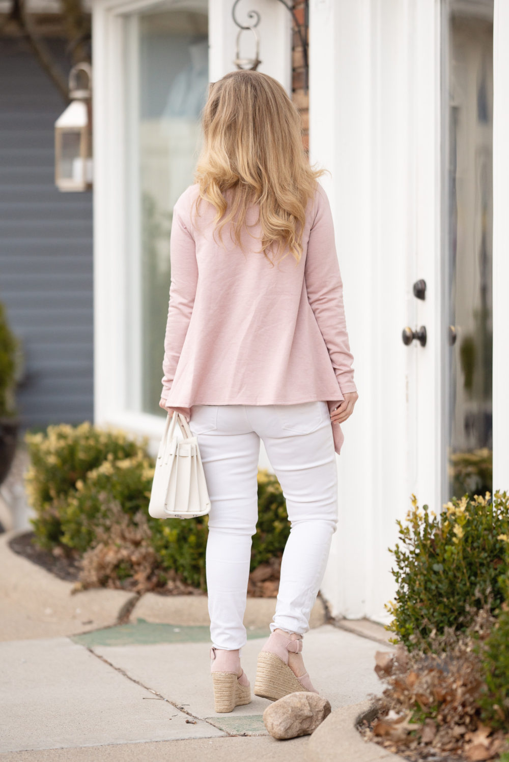 Petite Fashion Blog |Bobeau Cardigan | Hudson White Jeans | Caslon Peplum Tee